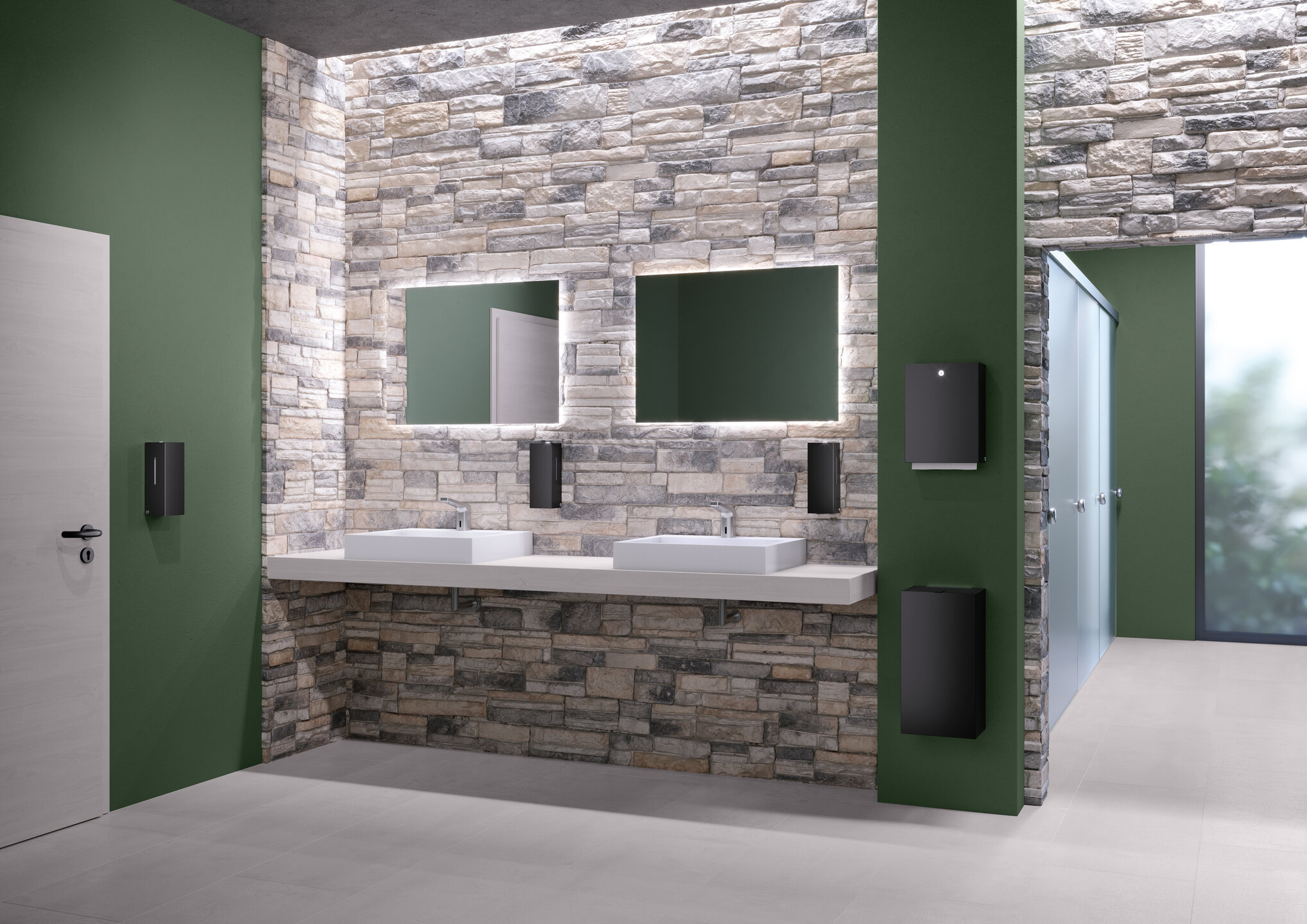 HEWI public WC black matt Public WC equipped with soap, disinfectant and paper towel dispensers in the colour black matt